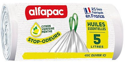 alfapac - 25 Müllbeutel, 5 l, mit Zugband, Geruchsstop mit ätherischen Ölen – hergestellt in Frankreich