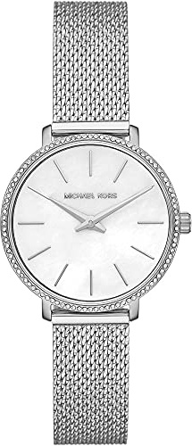 Michael Kors Damenuhr Pyper, DREI-Zeiger-Uhrwerk, Legierungsuhr, Silberfarbenes und Weißes Mesh,32MM