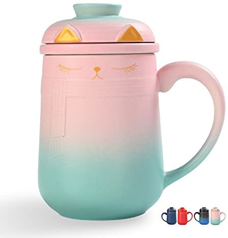 TEANAGOO Ceramic Cat Tea Infuser Mug with Lid, 460 ML / 16 Oz, Gradient Pink to Green, Cats and Tea, Large Japanese Ceramic Mug Set, Tea Mug with Lid, Tall Pottery Cute Japanese Mug with Lid & Handle