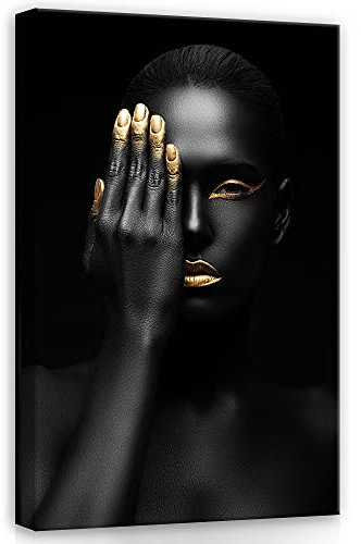 WallArena - Leinwand Bilder - Frau Schwarz Gold Goldene Lippen - 120x80 cm Leinwandbilder - Bild auf leinwand - Wandbild XXL groß Wandbilder für Wohnzimmer Schlafzimmer Wohnzimmerbilder Modern