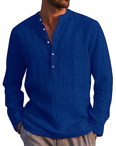 LVCBL Herren-Hemd Langärmeliges Baumwoll-und Leinenhemd Sommer mit Taschen Party Dunkelblau 2XL