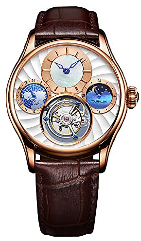 Aesop Tourbillon Herrenuhren Mechanische Armbanduhren Analog Handaufzug Mondphase GMT Dual Time Dial 50M Wasserdicht Edelstahl Klassische Casual Herrenuhr 7017(Weiß- und Roségold)