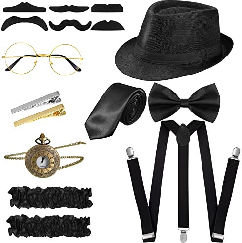1920er Herren Kostüm Zubehör Set Roaring Retro Gangster Kostüm, Hut, Fliege, Krawatte, Taschenuhr, Hosenträger, Brille, Bart, Ärmelhalter, Krawattenklammern (Einfach Stil, Schwarz)