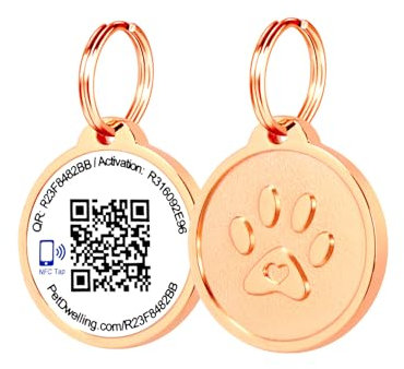 Pet Dwelling Premium NFC & QR Code Smart Dog Tag – Einfaches Scannen, sofortiger Profilzugriff, Standortwarnungen in Echtzeit (rotgoldene Pfote)