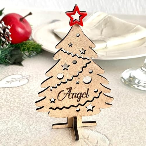 3D Personalisierter Baum Freistehend Weihnachtsbaum eingraviert Name Individueller Tischkarten Weihnachten 2025 Ornamente Platzkarten Namensschilder Weihnachtsdekoration Tischdeko Holz Weihnachtskugel