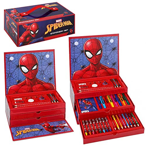 Spiderman Kinder 43-teiliges Malset mit Aquarell-Filzstiften, Buntstiften und Bleistiften, Reiseset für Kinder
