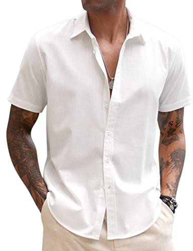 COOFANDY Men's Shirt Short Sleeve Linen Shirt Summer Casual Beach Shirt Button Up Shirt White Shirt Regular Fit Holiday Shirts for Men White| XL
