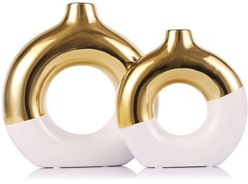 Weiße und goldene Keramikvase, 2er-Set, Blumenvase für Heimdekoration, Donut-Vase für Regal, moderne Boho-Dekovase, runde Pampasgras-Vase, perfekt für Esstisch, Kaminsims & Tafelaufsatz