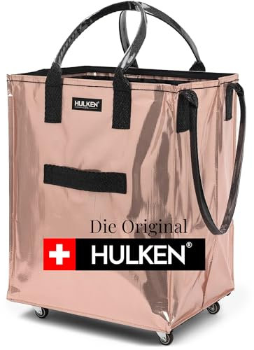 HULKEN - Große, rosagoldene wiederverwendbare Einkaufstasche auf Rädern. Der Einkaufswagen trägt bis zu 30 kg. Klappbarer Einkaufstrolley mit robusten Griffen und Reißverschluss, ist flach und faltbar