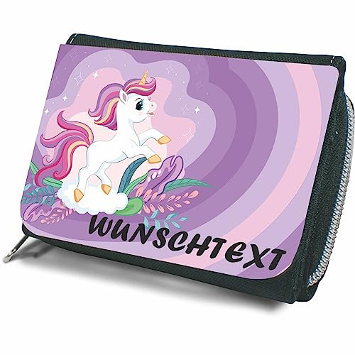 Indigos UG - Geldbörse Kinder personalisiert Einhorn Motiv - mit Namen und Wunschtext - 12 x 8,5 cm - Portmonee - personalisiertes Geschenk für Schulanfang, Jungen & Mädchen