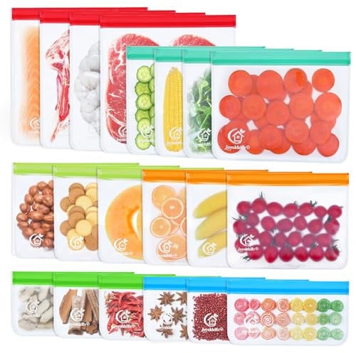 Joyoldelf Bolsas Silicona Reutilizables - 20Piezas PEVA Bolsas Congelacion, Bolsas Para Congelar Alimentos, Silicona sin BPA, Apto Para Carne Fruta Líquida y Viajes