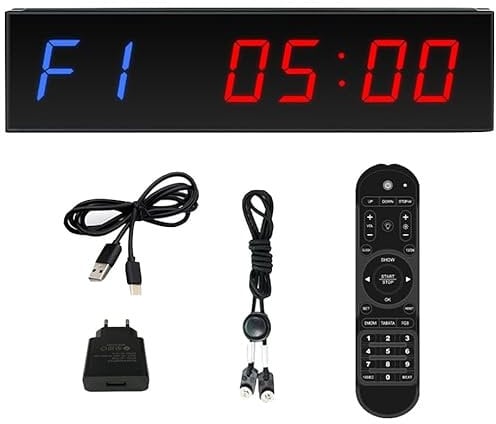 PULIVIA Gym Timer Clock 1.5‘’ Interval Timer for Fitness, 12/24-Hour Tabata FGB Count Down/Up Timer with Remote Control, LED Display Programmable Interval Timer Clock for Gym Home Workout