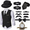 Ulikey 20er Jahre Herren Accessoires, 1920er Mafia Kostüm Set Mit Westen & Verschiedenen Accessoires für Halloween, Karneval (Schwarz, M)