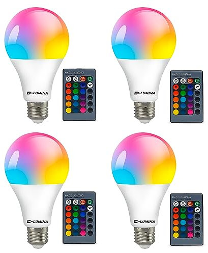 D-Lumina Lampadina Colorate LED RGBW, E27 16 colori con Telecomando,LED Lampadine Led a Colori Dimmerabil, Luci Colorate 5W, RGB Lampadina - (confezione da 4)
