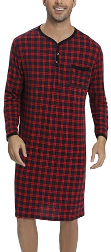 Chemise de Nuit Homme Pyjama Manches Longues Hauts de Pyjama Homme Tee-Shirt Long Col V avec Boutons Vêtements d'Intérieur T-Shirt Grande Taille Douce Confortable Carreaux Rouge Bleu-A L