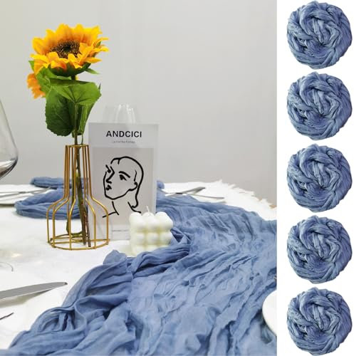 QeeFop 90 x 400 cm Tischläufer Musselin Stoff Tischdeko Hochzeit Boho Gaze Käsetuch Tischläufer für Hochzeit, Geburtstag, Tischdekoration (5 Stück, Blau)