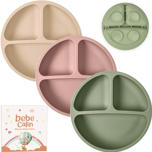 BebeCalin Lot de 3 assiette ventouse pour bébé - Antidérapantes assiette bebe - Pour les tout-petits et l'auto-alimentation - Sans BPA (Nude+Rose+Vert)