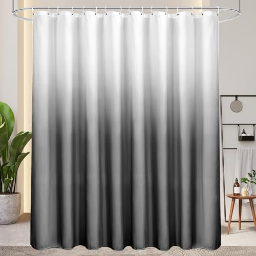 AooHome Duschvorhang 240X200cm Textil, Grau Duschvorhänge 120g/m² Farbverlauf Badvorhang Wasserdicht Waschbar Antischimmel mit 16 Duschvorhangringen(Weiß nach Schwarz)