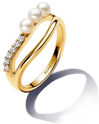 Pandora Essence Ring, 14-karätig vergoldet, mit weißer, behandelter Süßwasserzuchtperle und klarem Cubic Zirkonia