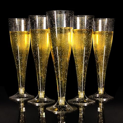 LYLIDIA Sektgläser Plastik Goldglitter 60 Stück Sektgläser Kunststoff Champagner Gläser 135ml Cocktailgläser Sektglas Plastik Sektflöten Plastikbecher für Geburtstag Party Hochzeit