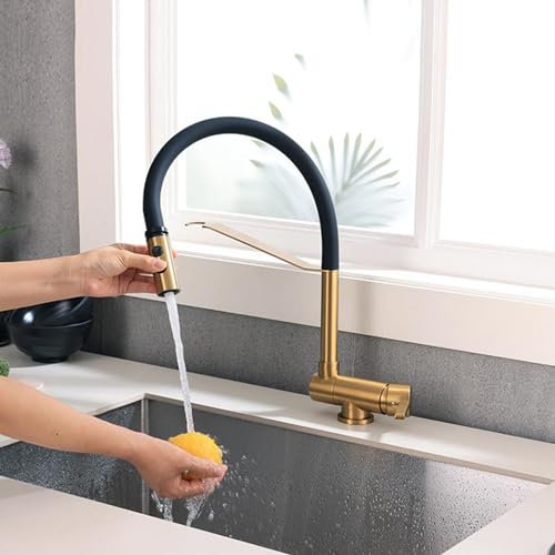 XJTNLB Grifo Fregadero Abatible y Extraible Oro Cepillado Grifo de Cocina Plegable con Ventana Frontal Grifos Cocina Fregadero Extraible 2 Funciones Caño