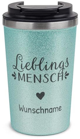 Tassendruck Glitzer To-Go Thermobecher mit Name personalisiert Lieblingsmensch Geschenk für Freundin | Nachhaltig, Edelstahl doppelwandig, inkl. Deckel, Blau, 350 ml