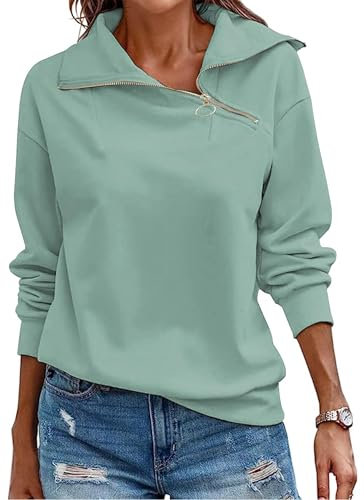 Cuptacc Pullover Damen Sweatshirt Winter 2025 Quarter Zip V-Ausschnitt Langarmshirt Damen Elegant Einfarbig Oberteile Grün, Groß L 42-44