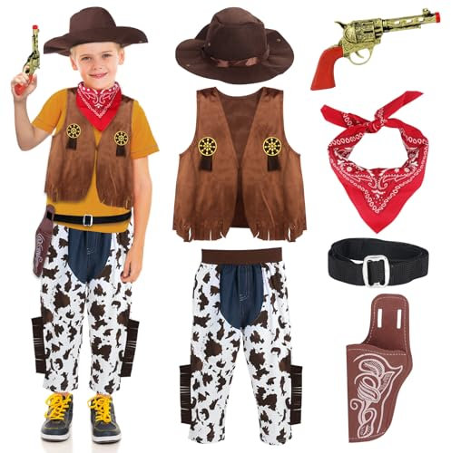 HIULLEN 8 pcs Accessori Costume da Cowboy per Bambini, Cappello da Cowboy Bandana, Pistola Cowboy e Cintura, Cowboy Accessori Feste per Bambini, carnevale, cosplay, Natale da 3 4 5 6 7 8 9 10 anni
