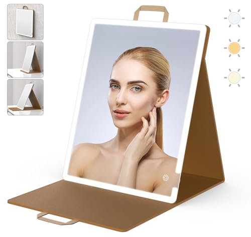 WEILY Schminkspiegel mit Beleuchtung, Tragbarer Großer Faltbarer Spiegel, Tischspiegel mit 3 Farblichtern, 2000mAh USB Wiederaufladbarer Kosmetikspiegel, PU Lederspiegel für den Schminktisch(41x51cm)