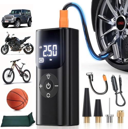 Inflador de neumáticos inalámbrico portátil con luz, bomba de compresor de aire eléctrica de 150 PSI para automóvil, bicicleta, motocicleta y pelotas. Compacto y potente, ideal para inflar rápidamente