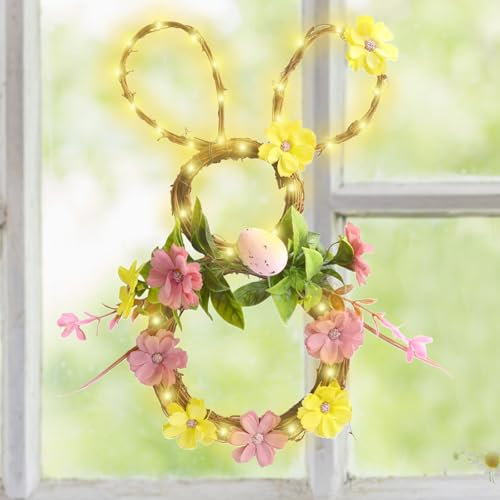 35cm Osterkranz mit Eiern, Künstliche Türkranz, Osterei Kranz mit LED Licht, Hasenförmiger Wandkranz Frühlingskranz für Osterdeko, Fensterdeko, Wanddeko