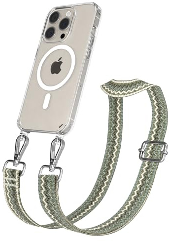 EAZY CASE Handykette - Verstellbares Taschenband kompatibel mit iPhone 15 Pro, Schulterriemen, Handykordel mit Silikon Hülle, Qi Charging kompatibel, Umhängetasche, Grün Beige Silber