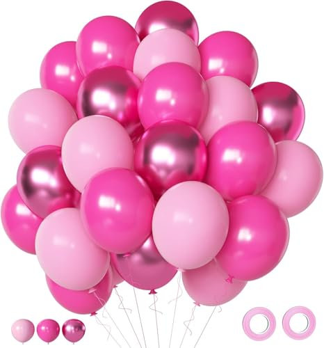 OHugs Pink Balloons, 12 Inch Balloons for Birthday, Baby Shower, Wedding, Gender Reveal - Metallic Pinky, Hot & Pastel Pink Balloon with Ribbons & Glue Tape - Party Decorations for Baby, Girls & Women