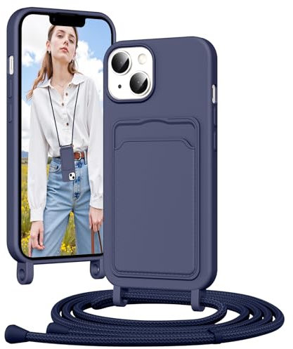 Vauki Cover per iPhone 13/iPhone 14 con Cordino Porta Carte, Morbido TPU Silicone Case con Laccio Tracolla, Regolabile e Rimovibile, Antiurto AntiGraffio Case per iPhone 13/iPhone 14, Blu Scuro