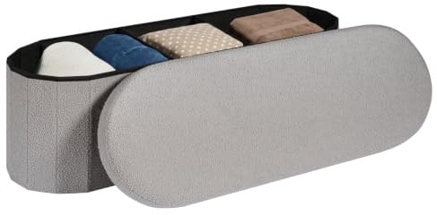PINPLUS Sitzbank mit Stauraum, Ovales Design, 110x38x38cm, Grau | Weicher Boucle-Stoff, Klappbar, Großes Staufach, Fußbank, Bettbank, Aufbewahrungsbox, für Flur/Wohnzimmer/Schlafzimmer