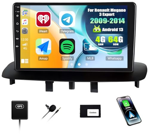 SIXWIN 4+64G Android 13 Autoradio mit CarPlay/Android Auto/Mirror Link für Renault Megane 3 2008-2014,9 Zoll HD Touchscreen Unterstützt WiFi GPS Bluetooth 5.0 FM/RDS 32EQ
