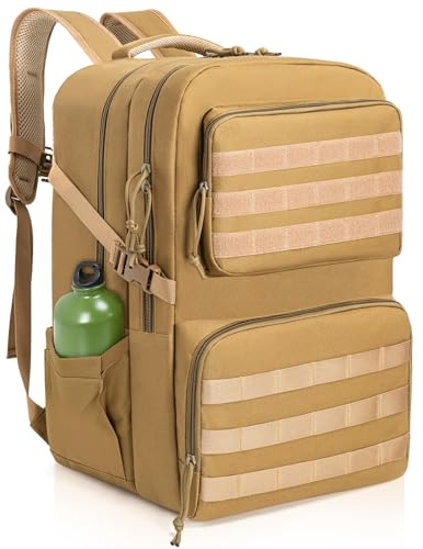OUUTMEE Militärischer taktischer Rucksack, große Kapazität, Army Assault Militär Rucksack, Tagesrucksack, 45 Liter,Khaki Mit Seitentaschen