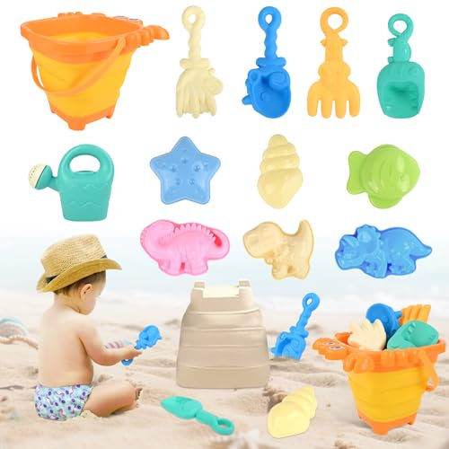 Euakee Giocattoli da Spiaggia, 12 Pezzi Giochi Spiaggia Bambini con Granchio Secchiello Pieghevole, Pala, Stampi per la Sabbia per Bambini Ragazzi e Ragazze (Giallo)