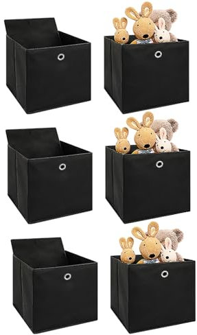 6er Faltboxen 32x32x32 cm – Aufbewahrungsboxen aus Stoff mit Griffloch – Faltbare Würfelboxen für Kallax Regal, Raumteiler, Kinderzimmer & Büro (Schwarz)
