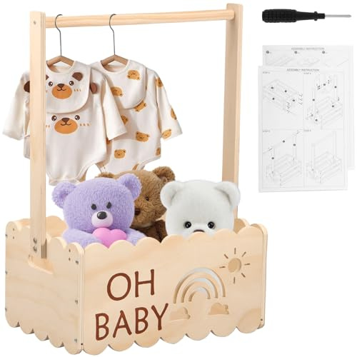 Holzkiste für Babyparty mit Stange Holz 40×30×55cm Babyparty Schrank mit 26 Brief 10 kleiderbügel für babys Babykorb mit Griff Geschenk für Geburtstage Babypartys Neugeborenes (E)
