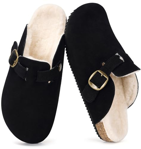Dokela Clogs Gefüttert Damen Hausschuhe Herren Winter Schuhe | Leder Pantoletten Wärme Gefüttert, Haus Schlappen Mit Kork-Fußbett, Rutschfeste, Bequeme