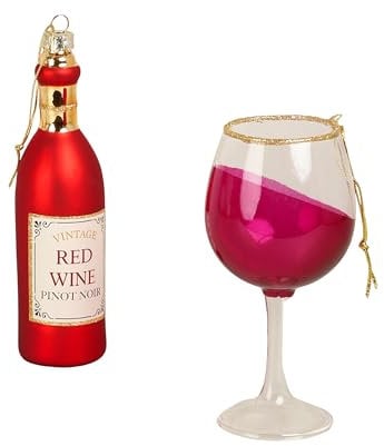 G Decor Vino Celebration Set of Red Wine Bottle & Glass Christmas Tree Decorations Festive Hanging Ornaments