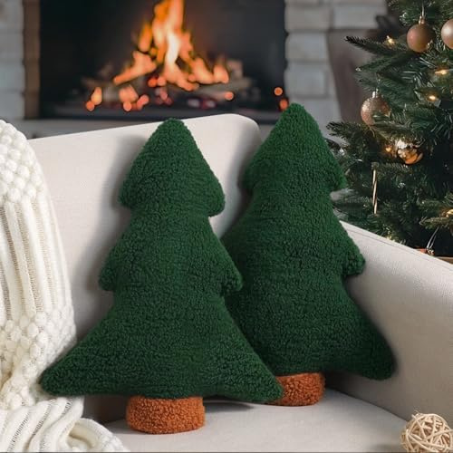 Miaikoe Weihnachtskissen, dekorative Weihnachtsbaumkissen Set von 2 gefüllten Baumform Plüschkissen für Ferienparty Sofa Wohnzimmer Dekoration (33 x 26,5 cm, grün)