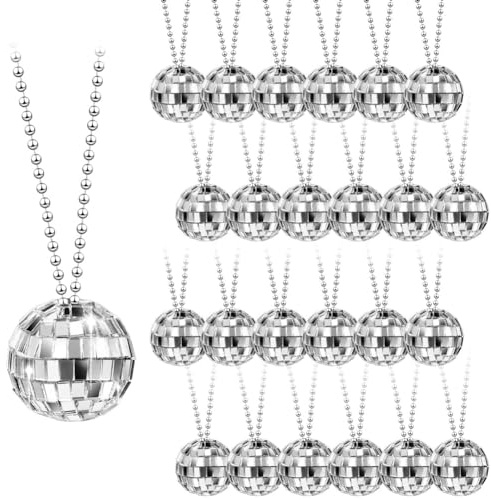 NONDK 36 Pcs Mirror Disco Ball Costume Necklaces 70s Disco Party Necklaces 1.18 Inch Silver Disco Ball Necklaces Easy to Use