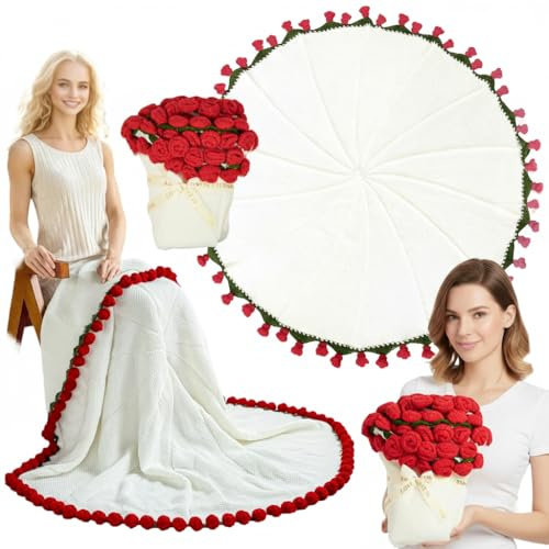 lomonmen Flower Bouquet Blanket,Fertige Gehäkelte Rosenstrauß Blumendecke,Handgefertigte Blumen Decke mit 68 Blumen,110cm Rosenblüten Decke für Muttertag,Valentinsta,Geburtstag