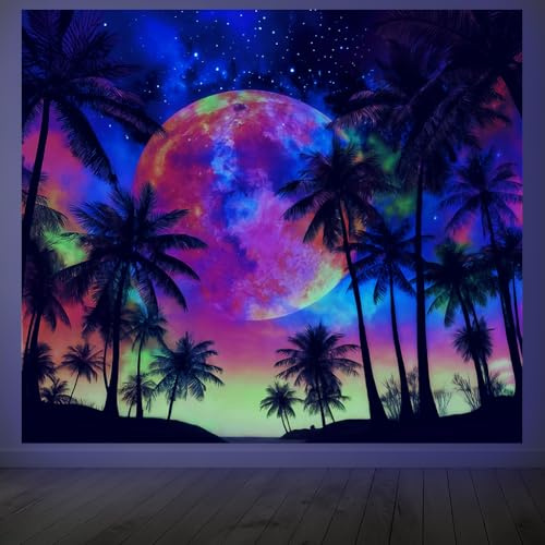 CRAFTYMELODY Wandteppich Mit Palmenmotiv Schwarzlicht Effekt Tropischer Mond Im Dunkeln Leuchtend UV Reaktiv Kosmischer Palmen Sonnenuntergang 5951 x (5) cm Mit Haken