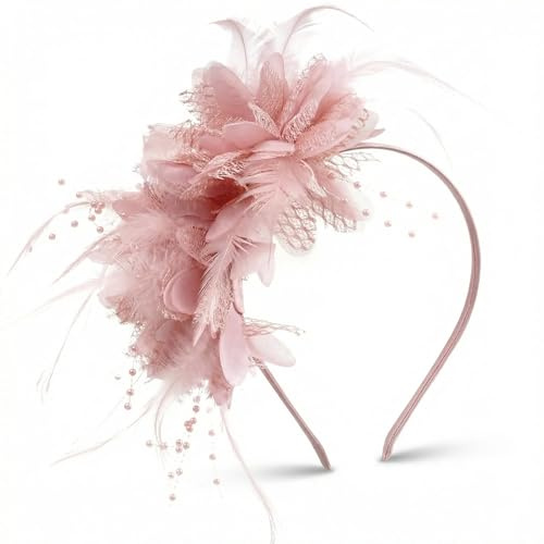 Feather Hair Fascinator Mesh Retro Feather Fascinator Headband Ladies Headdress Wedding Hat Headwear Hair Accessories for Women Girls Party Wedding Royal Ascot Races Prom Cocktail Tea Party (Pink)