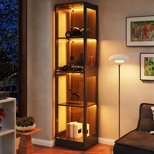 Easexcy 40 x 35 x 170 cm Einzeltür Vitrine, Gehärtetes Glas Sammlungsvitrine, Vier Etagen Stauraum, Push-to-Open Tür, Stylisches Schwarz(Black-2)
