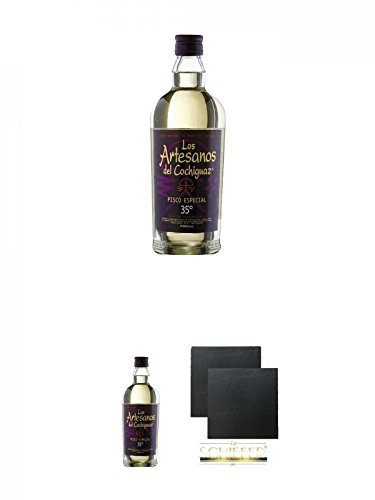 Pisco Los Artesanos del Cochiguaz chilenischer Brandy 0,7 Liter + Pisco Los Artesanos del Cochiguaz chilenischer Brandy 0,7 Liter + Schiefer Glasuntersetzer eckig ca. 9,5 cm Ø 2 Stück