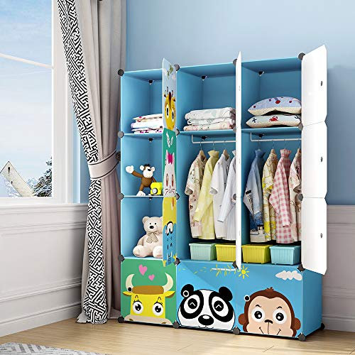 MAGINELS Kinderschrank, Baby-Kleiderschrank mit Tür, niedlicher tragbarer Kleiderschrank, Kleideraufbewahrungsregal für Jungenzimmer, Blau, 12 Würfel (35,6 x 35,6 cm)